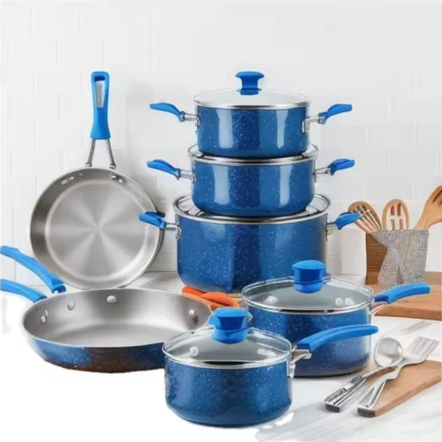 Set posuđa za kuhanje po konkurentnoj cijeni s tavom za roštilj, 13-dijelni set posuđa s markiranim dvostrukim granitnim premazom